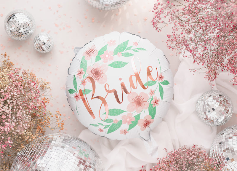 Ballon Rond "Bride" Fleuri blanc rose et vert  Diam 45cm