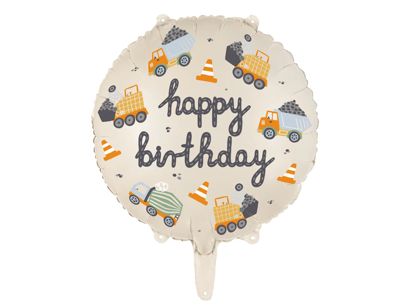 Ballon rond "Happy Birthday" Véhicules de chantier en aluminium multicolore Diam 35cm