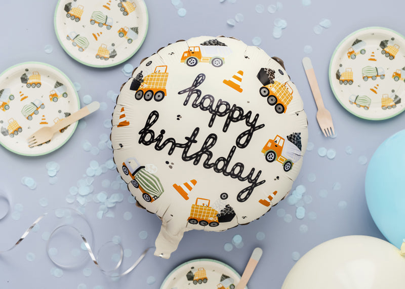 Ballon rond "Happy Birthday" Véhicules de chantier en aluminium multicolore Diam 35cm