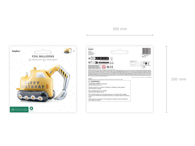 Ballon Pelleteuse autoportane en foil jaune et noir 49x76,5 cm