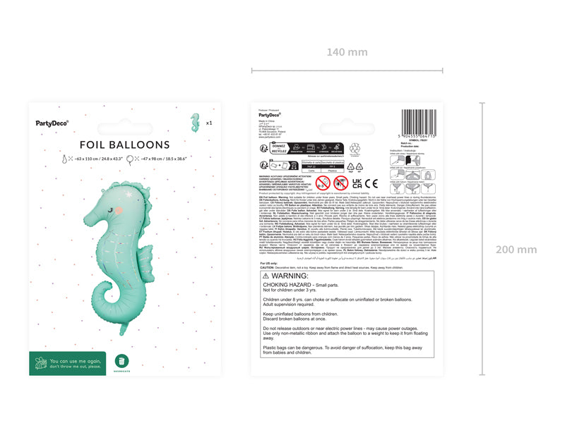 Ballon Hippocampe en foil  Vert Menthe 47x98 cm