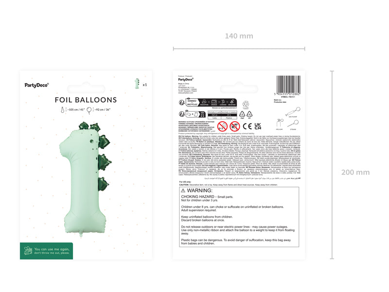 Ballon Chiffre "1" Dinosaure en aluminium Vert Menthe 92cm