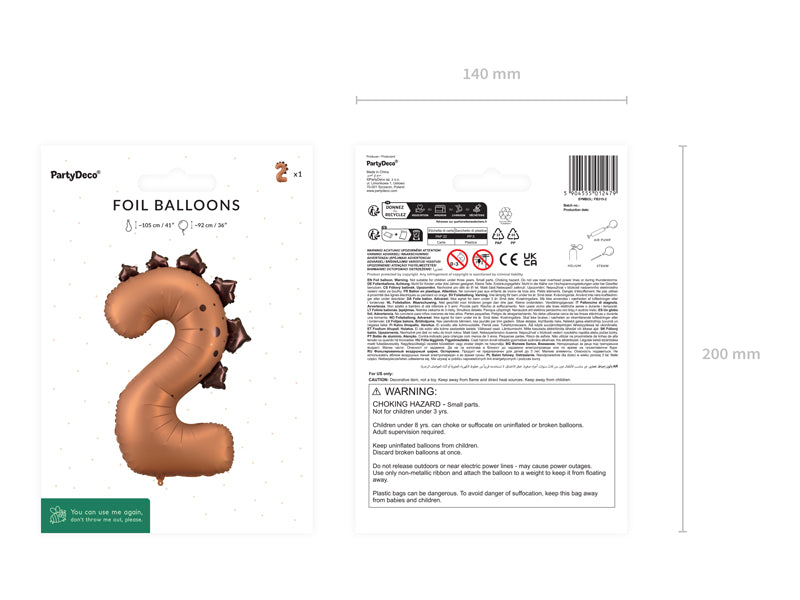 Ballon Chiffre "2" Dinosaure en aluminium Marron 92 cm