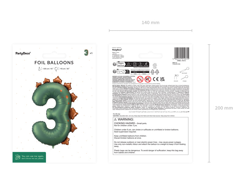 Ballon Chiffre "3" Dinosaure Vert Foncé 92 cm