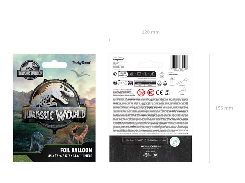 Ballon Logo Jurassic World en aluminium Noir Blanc et Gris 45x37 cm
