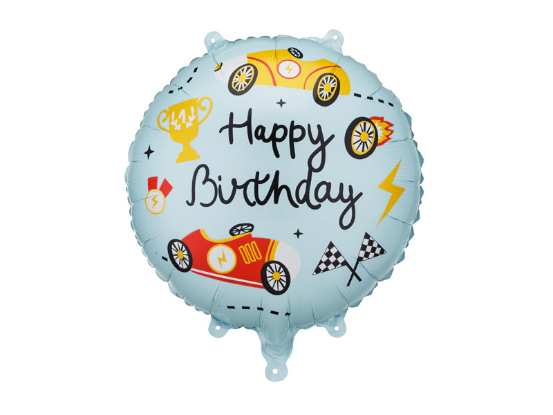 Ballon Rond Petit champion coureur automobile ''Happy Birthday'' bleu rouge et jaune diam 35cm