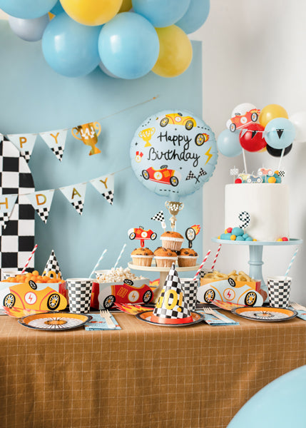 Ballon Rond Petit champion coureur automobile ''Happy Birthday'' bleu rouge et jaune diam 35cm