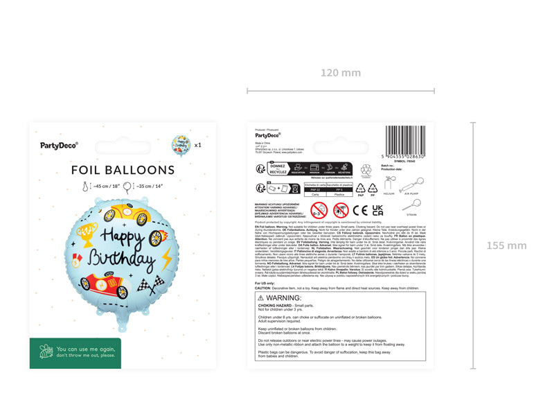 Ballon Rond Petit champion coureur automobile ''Happy Birthday'' bleu rouge et jaune diam 35cm