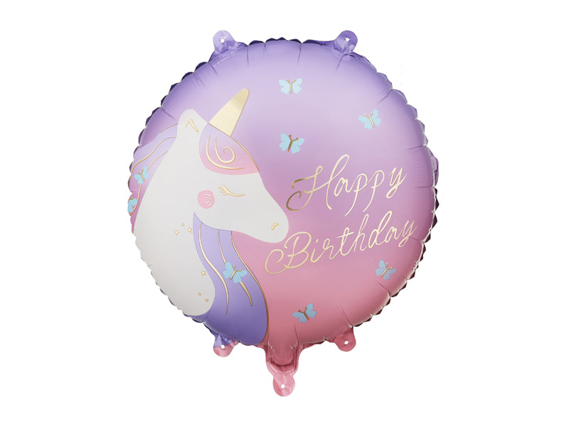 Ballon rond Licorne "Happy Birthday" en alu rose parme et or diam 35cm