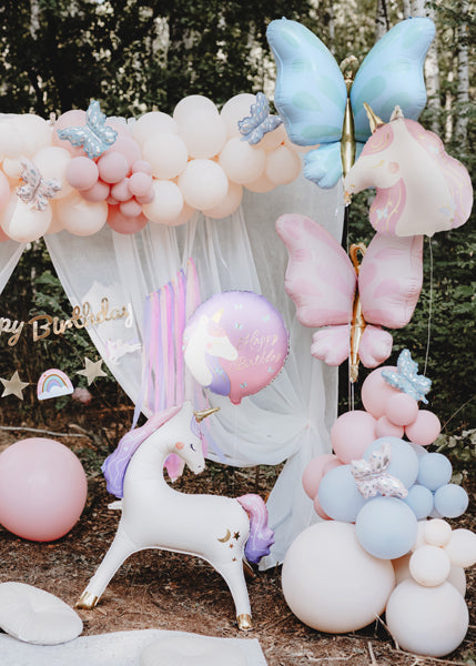 Ballon rond Licorne "Happy Birthday" en alu rose parme et or diam 35cm