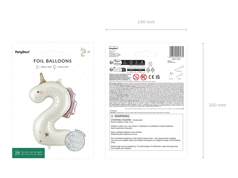 Ballon Chiffre "2" Licorne en aluminium Crème Or et Rose 93 cm