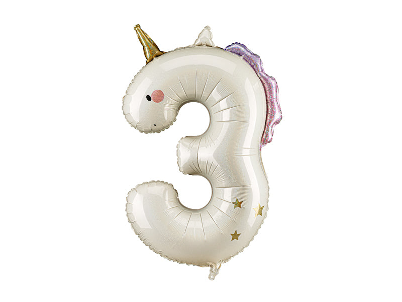 Ballon Chiffre "3" Licorne en aluminium Crème Or et Rose 93cm