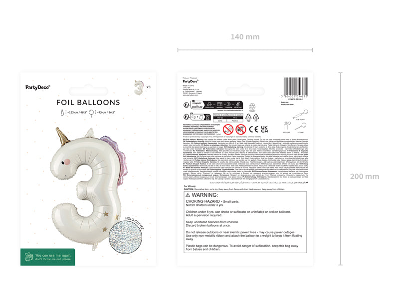 Ballon Chiffre "3" Licorne en aluminium Crème Or et Rose 93cm