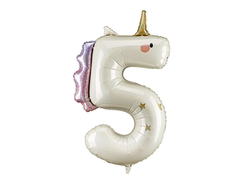 Ballon Chiffre "5" Licorne en aluminium Crème Or et Rose 93cm