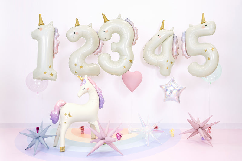 Ballon Chiffre "4" Licorne en aluminium Crème Or et Rose 93 cm