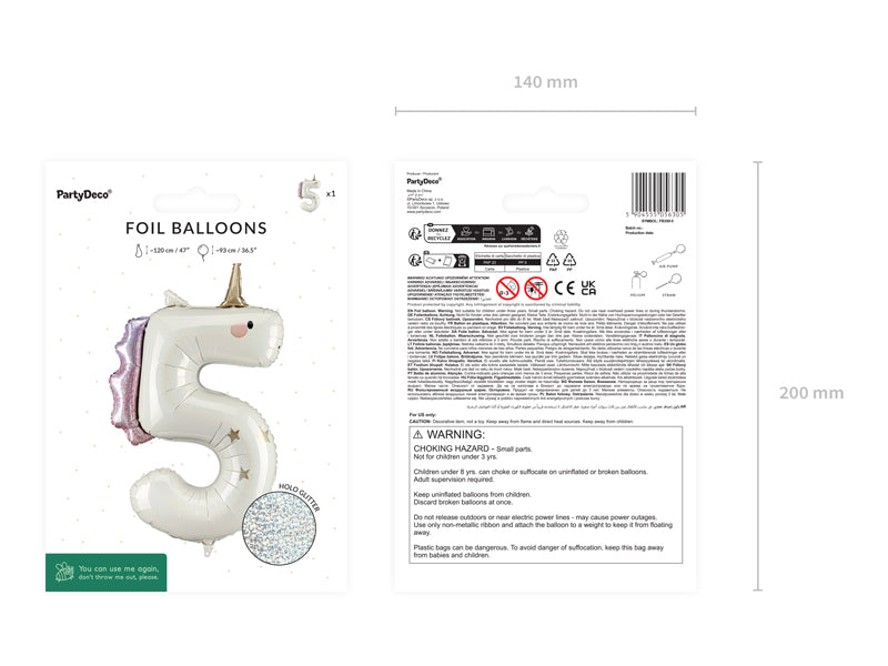 Ballon Chiffre "5" Licorne en aluminium Crème Or et Rose 93cm