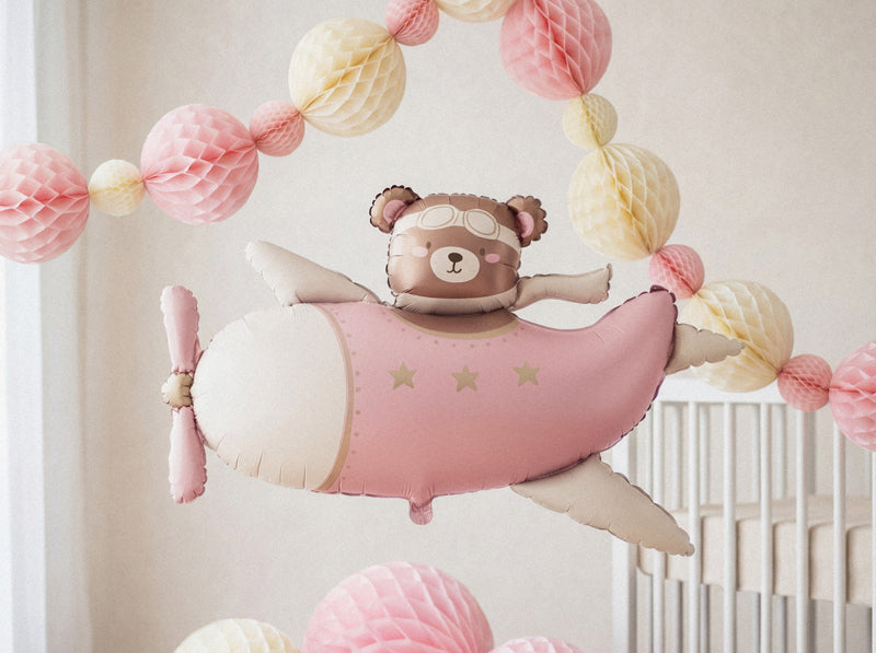 Ballon Petit Ours aviateur Rose en aluminium 94x61 cm
